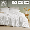 Luxurious white bed sheets on a bed with organic product label and payment options for Apple Pay, PayPal, and Shop Pay nearby.