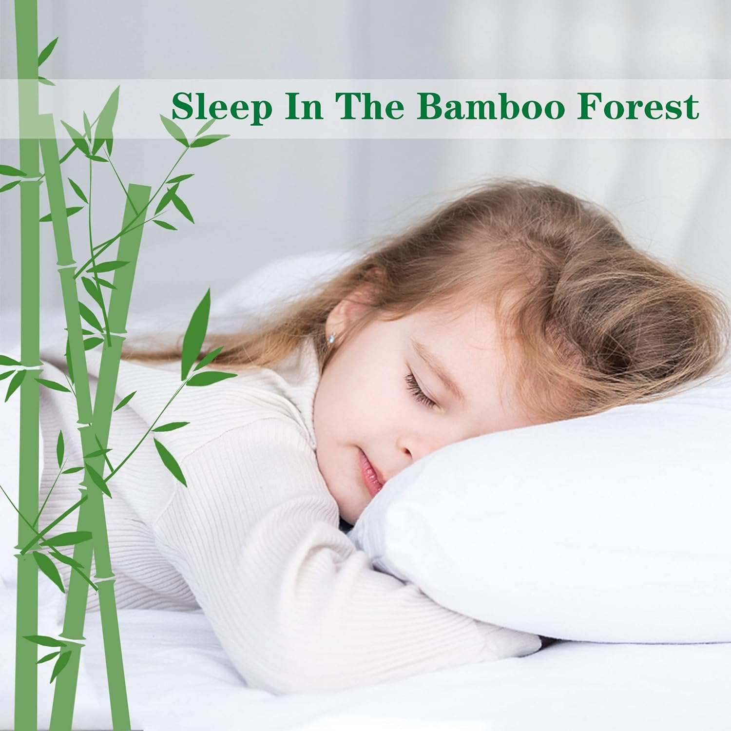 Child sleeping peacefully on white pillow with bamboo illustration and "Sleep In The Bamboo Forest" text