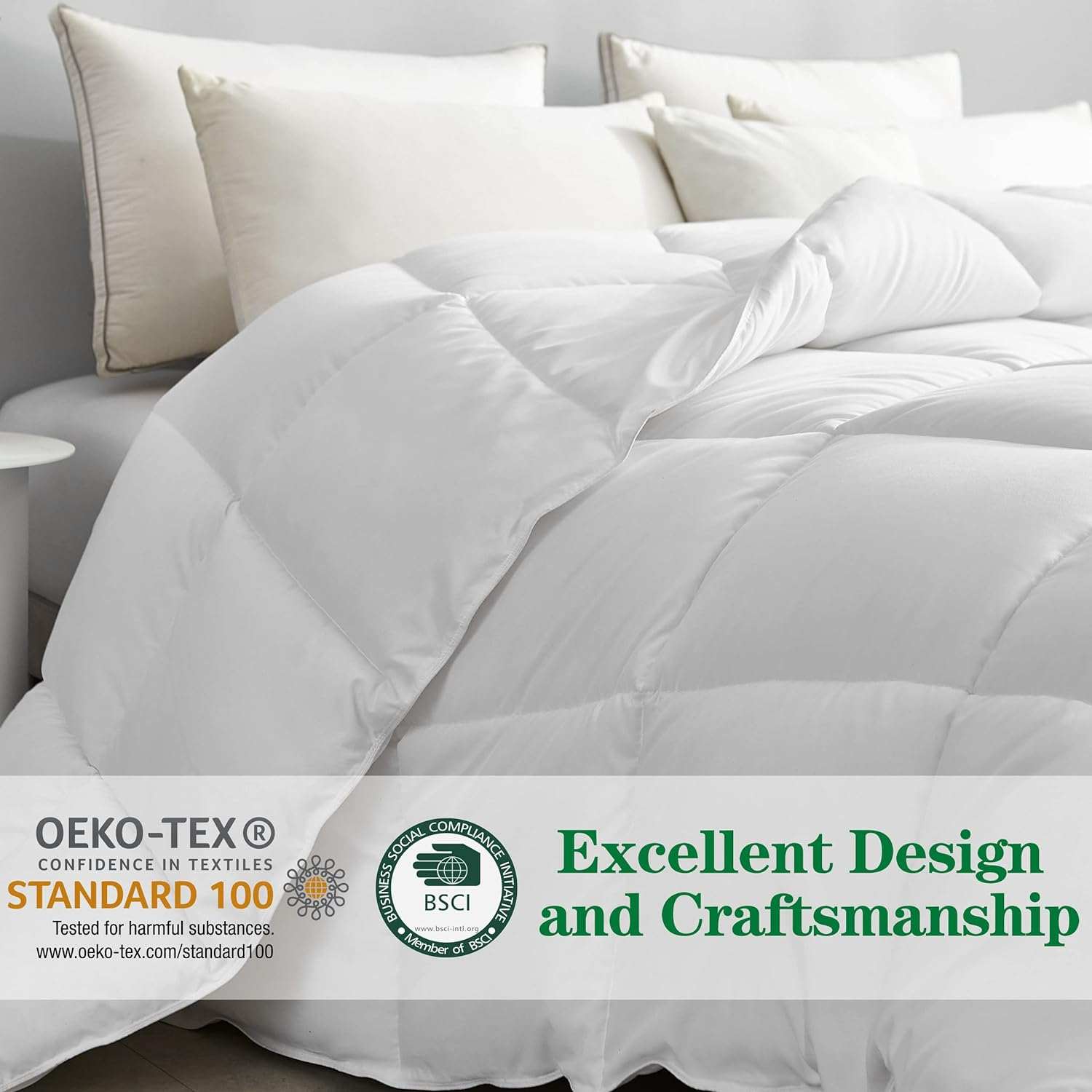 Premium white comforter on bed with pillows, highlighted by Oeko-Tex Standard 100 certification and label for excellent design and craftsmanship.