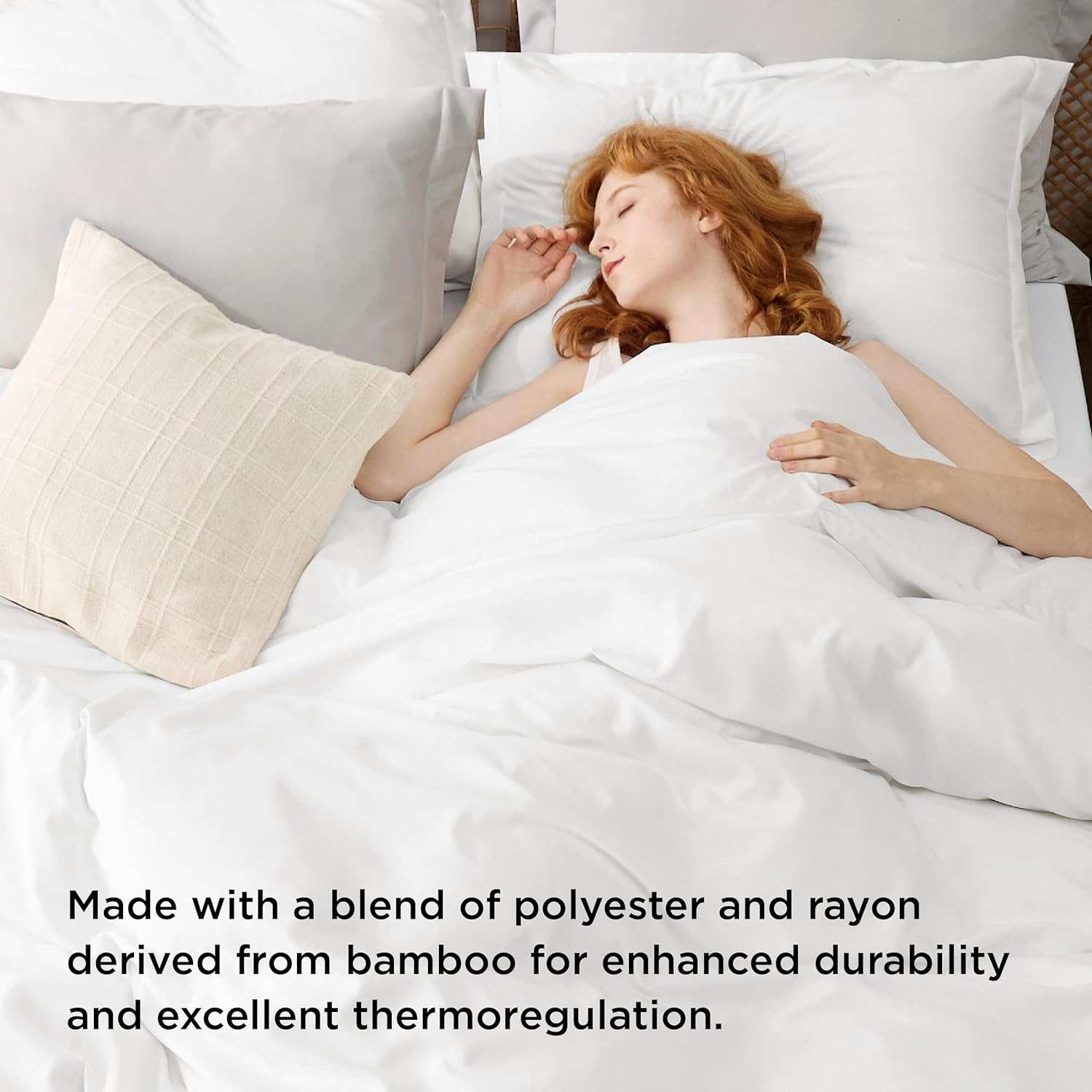 Woman sleeping on white bed with bamboo-blend sheets for enhanced durability and thermoregulation