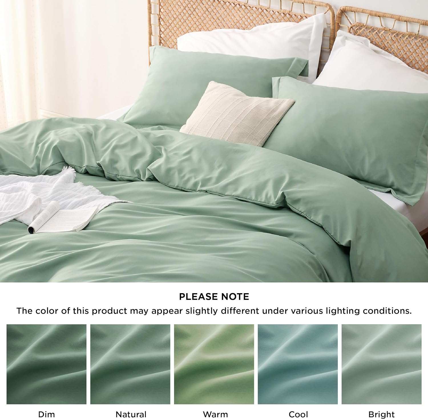 Sage green bedding set with color variations shown under different lighting conditions: dim, natural, warm, cool, bright.