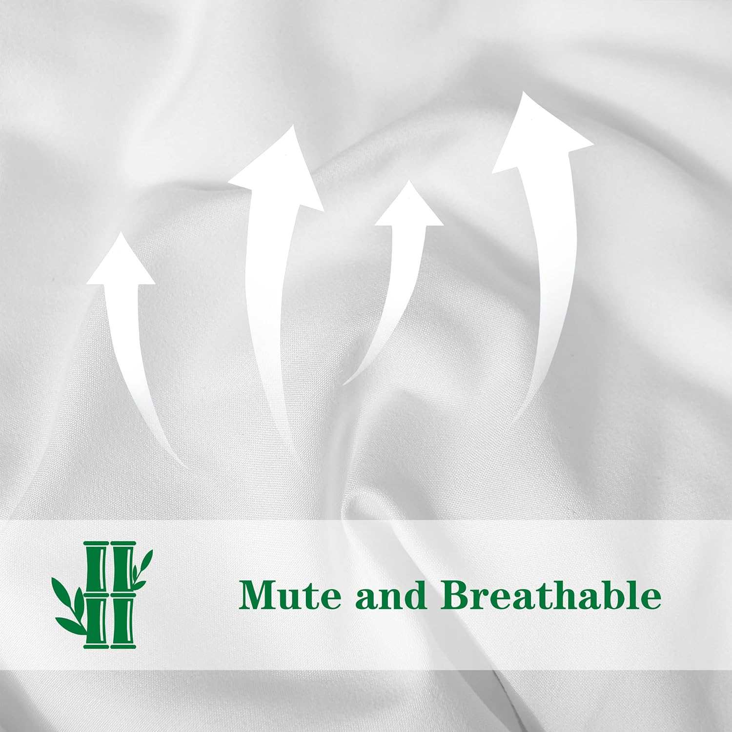 Soft, breathable fabric with white arrows indicating airflow and green text "Mute and Breathable" with logo of the letter H and leaves.