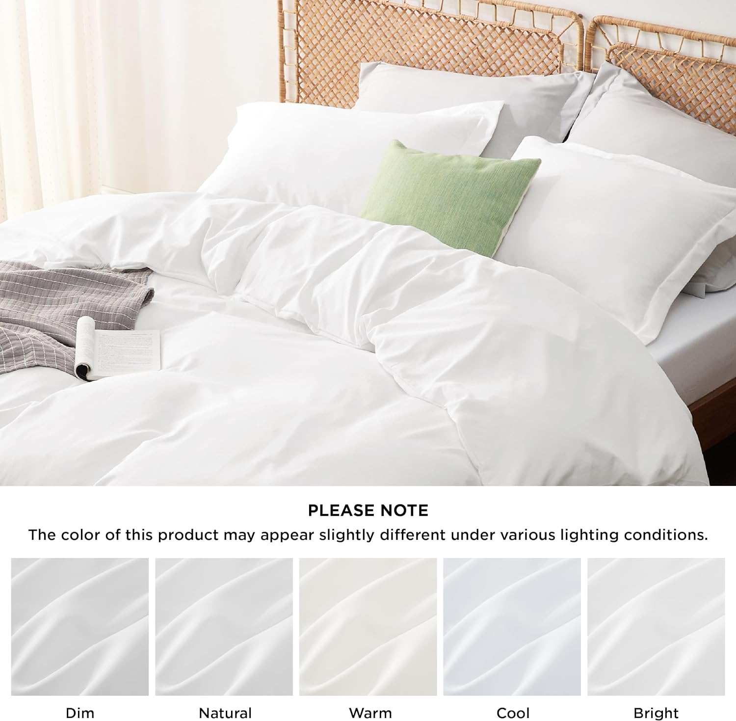 White bed with pillows and blanket next to a lighting chart showing different color variations such as dim, natural, warm, cool, and bright