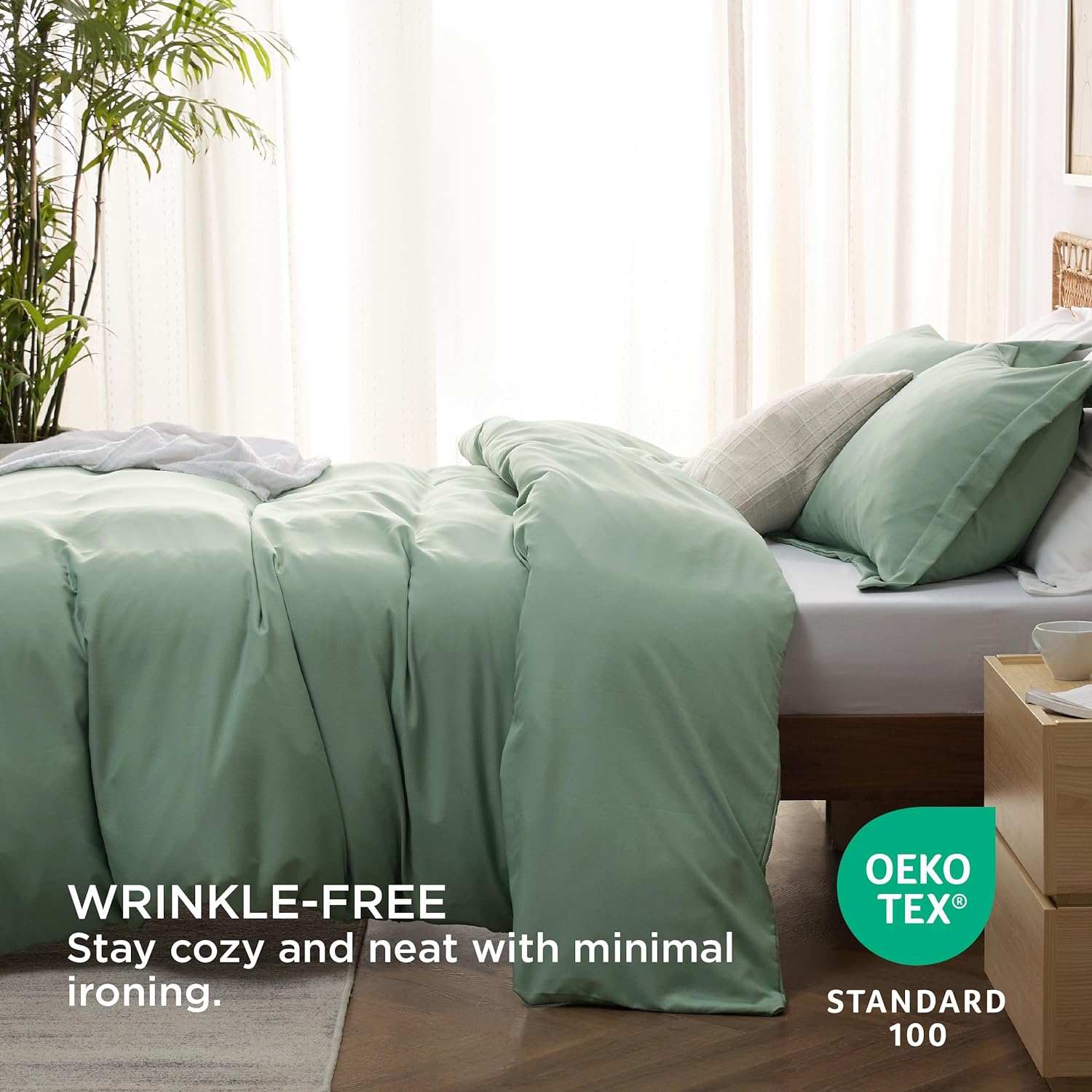 Wrinkle-free, cozy bedding set on a neatly arranged bed with Oeko-Tex Standard 100 certification.