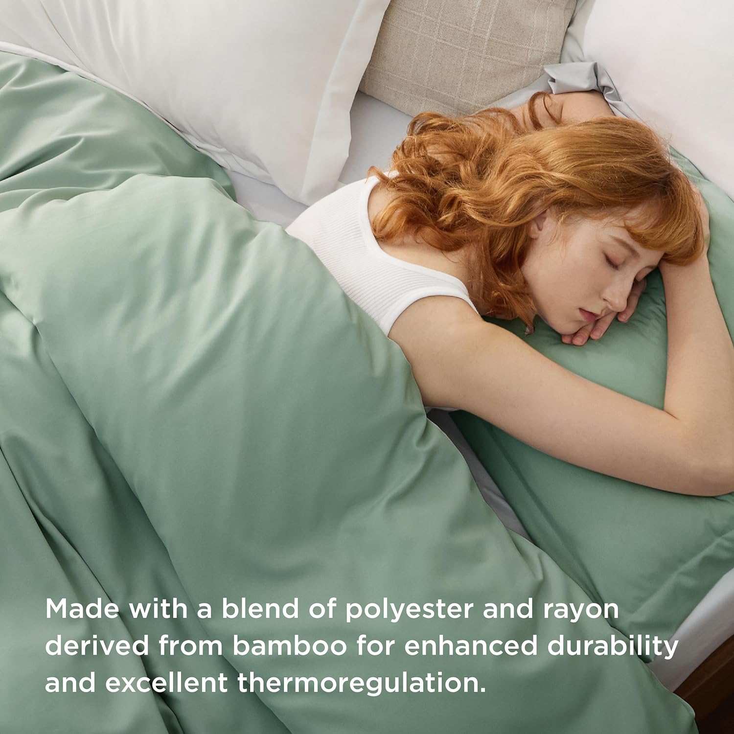 Woman sleeping on a bed with green sheets made from polyester and bamboo-derived rayon, highlighting durability and thermoregulation.