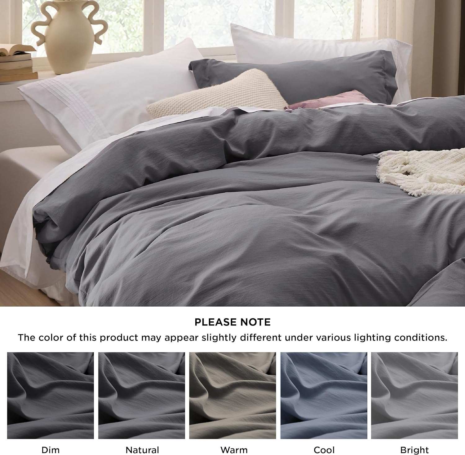 Elegant gray bedding set displayed on a bed, with note on lighting effects and five color variations under different lighting conditions.