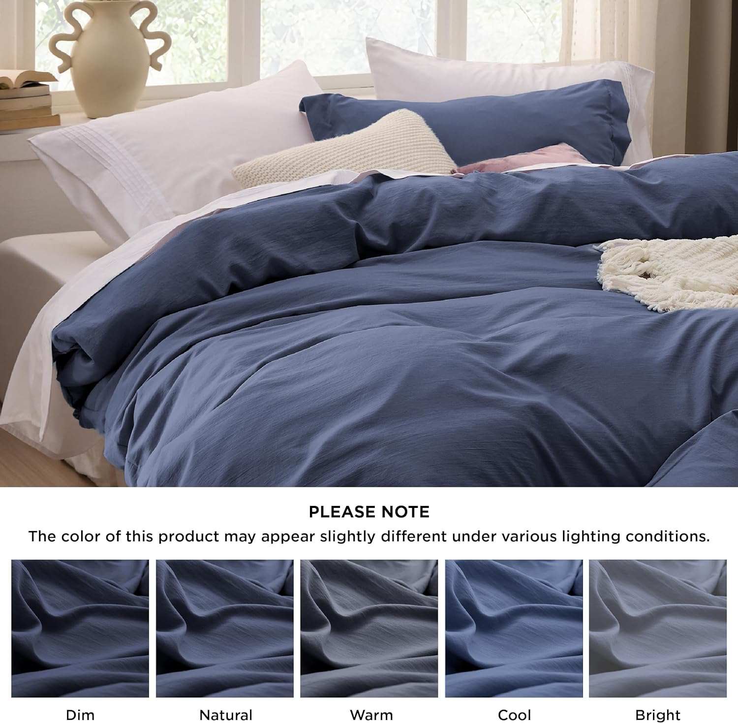 Blue bedding set on a bed with white pillows, showing varying shades under different lighting conditions: dim, natural, warm, cool, and bright.