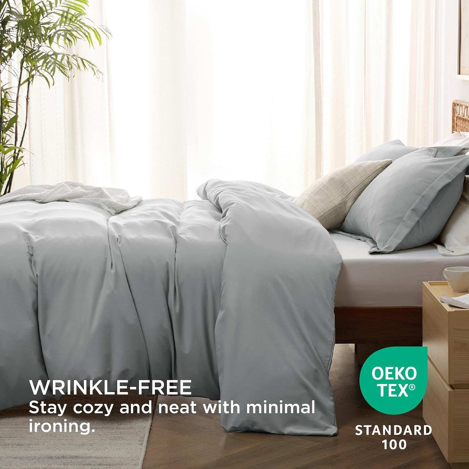 Wrinkle-free bedding set with minimal ironing, cozy and neat, featuring Oeko-Tex Standard 100 certification.