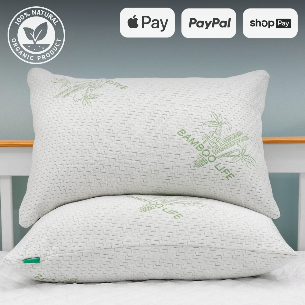 Bamboo Life organic pillows on a bed with payment options including Apple Pay, PayPal, and Shop Pay.