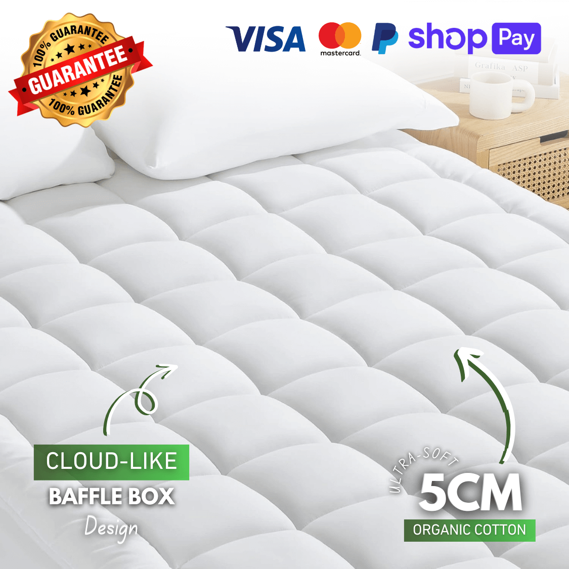 White quilted mattress topper with plush padding on a neatly made bed, featuring a premium quality badge and payment options displayed at the top.