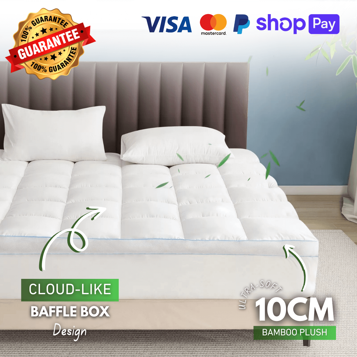 White quilted mattress topper on a luxurious bed with a tufted headboard, showcasing its plush padding and premium quality for enhanced comfort.