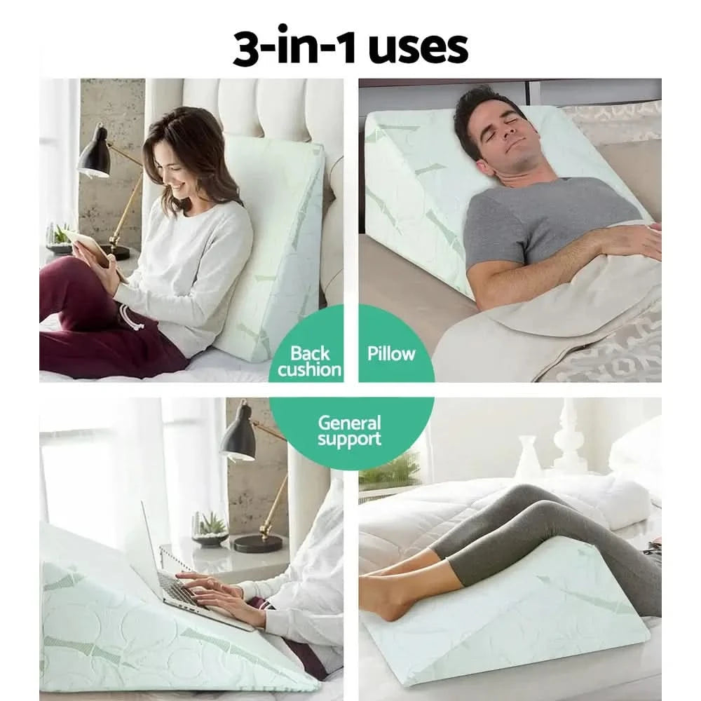 Collage showcasing different uses of a wedge pillow, including back support while reading, elevated sleeping for neck and spine alignment, and leg support for improved circulation.