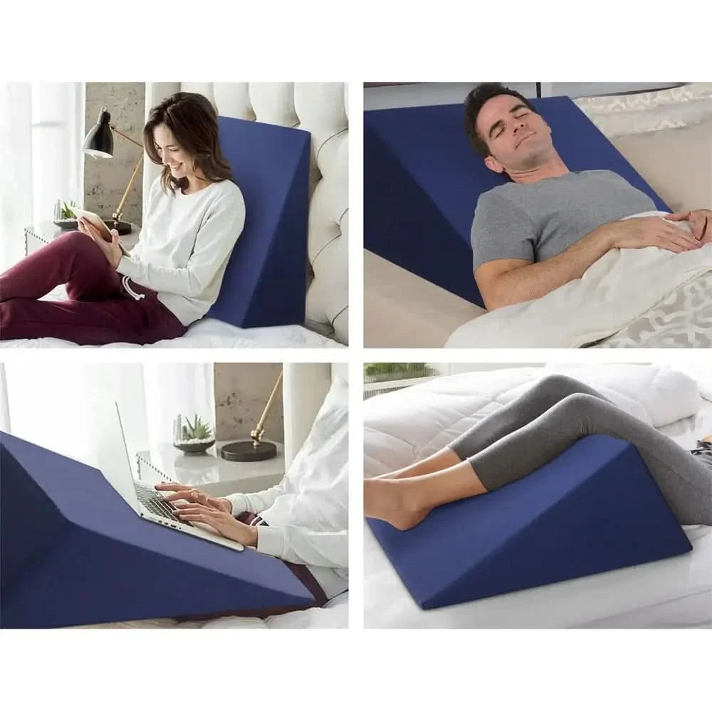 Collage showcasing different uses of a navy blue wedge pillow, including back support while reading, elevated sleeping for better posture, and leg support for improved circulation.