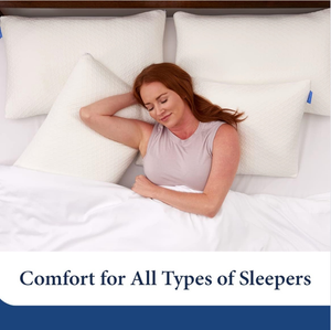 Woman sleeping comfortably on a bed with pillows, promoting comfort for all types of sleepers.