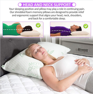 Woman sleeping on a memory foam pillow for head and neck support with diagram showing correct sleeping positions for pain relief.