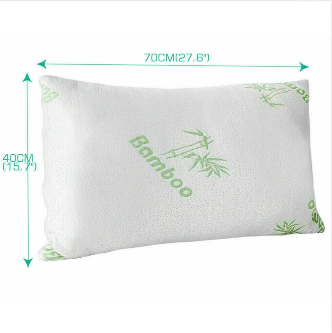 Bamboo pillow with green text and bamboo graphics, measuring 70cm by 40cm.