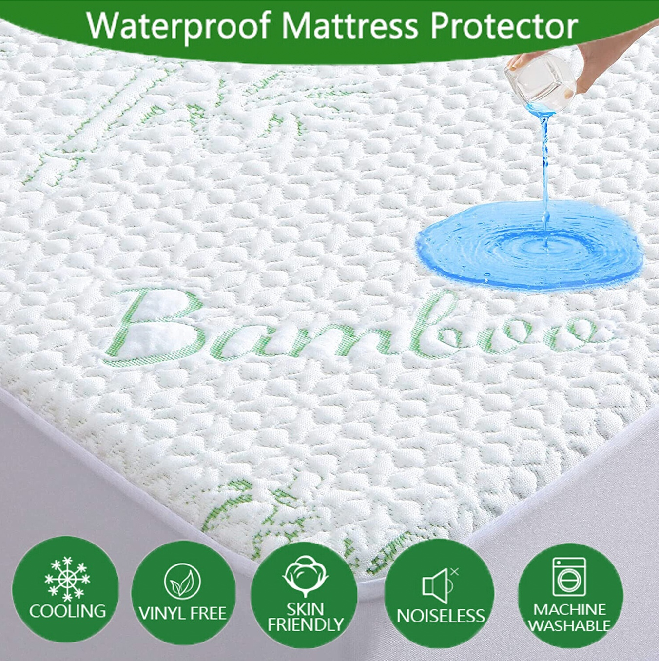 Waterproof bamboo mattress protector with cooling, vinyl-free, skin-friendly, noiseless, and machine washable features.