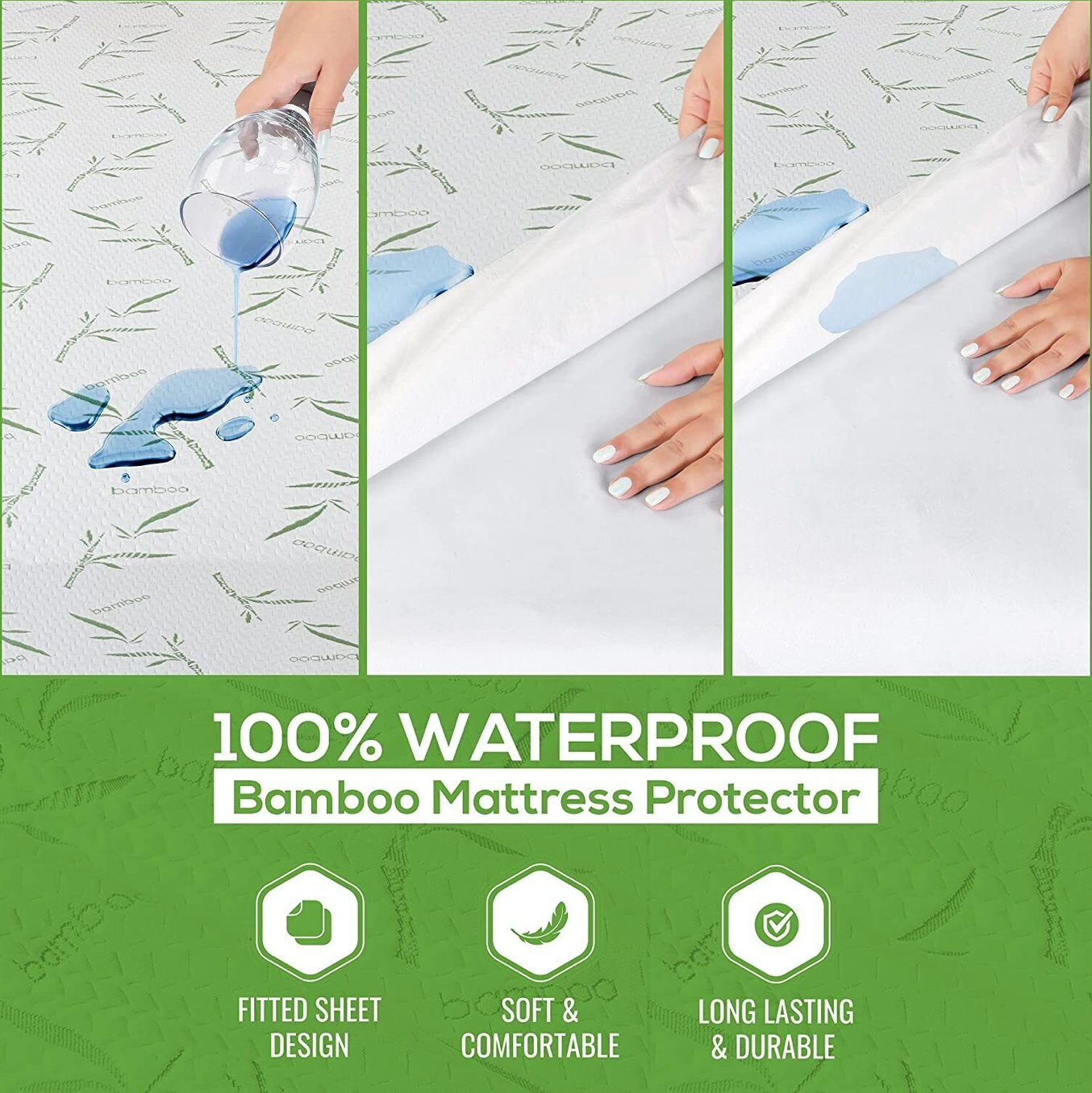 Waterproof bamboo mattress protector with fitted sheet design, soft and comfortable, long-lasting and durable against spills and stains.