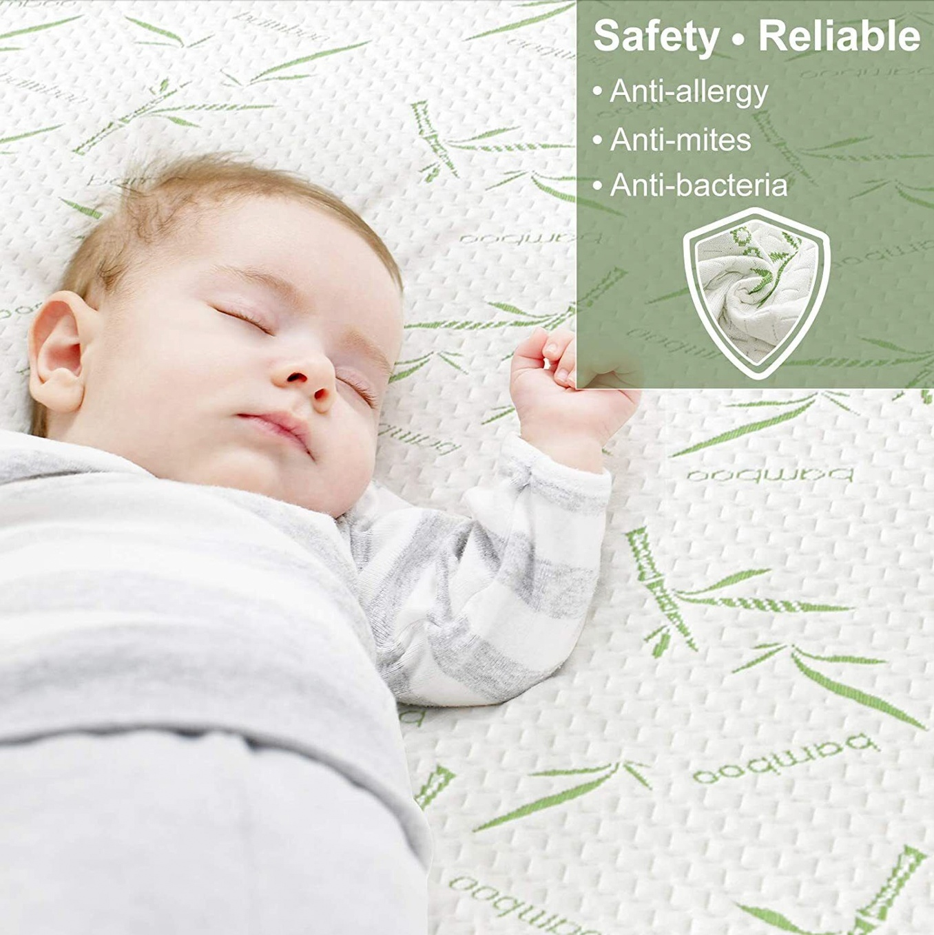 Baby sleeping on anti-allergy, anti-mites, and anti-bacteria bamboo mattress with safety and reliability features.