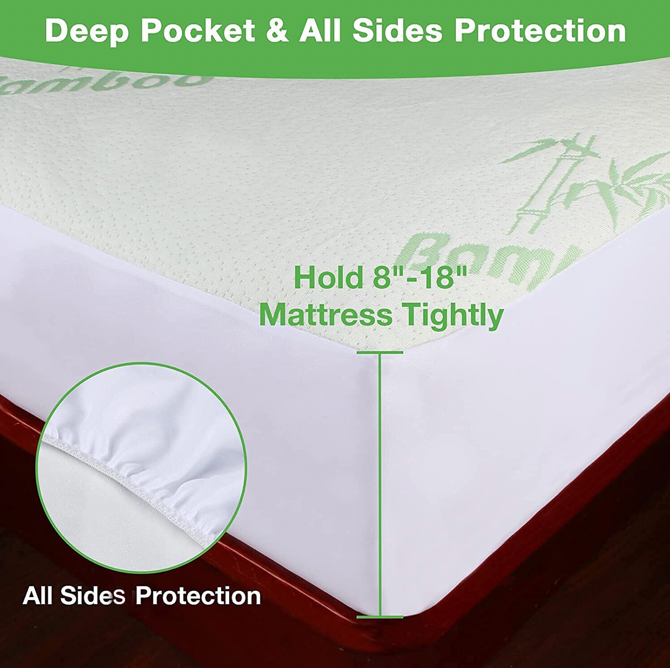 Deep pocket bamboo mattress protector with 8-18 inch tight fit and all sides protection.