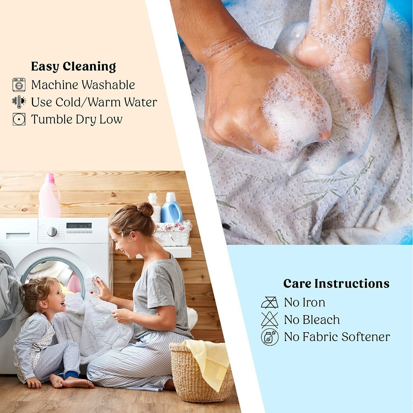 Instructional image showing easy cleaning and care instructions for a product, including machine wash, tumble dry, and no bleach or iron.