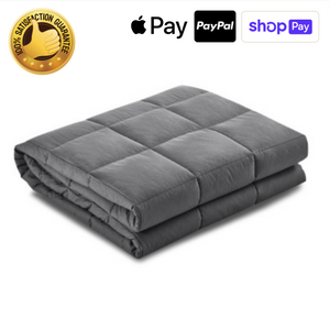 Gray weighted blanket with 100% satisfaction guarantee badge and payment options including Apple Pay, PayPal, and Shop Pay