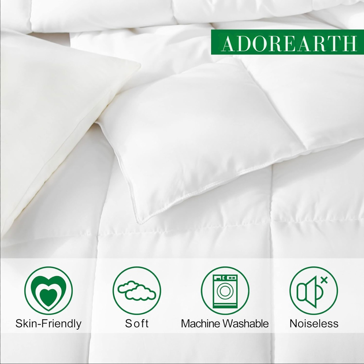 Soft and noiseless white comforter set by Adorearth, skin-friendly, and machine washable with icons indicating features