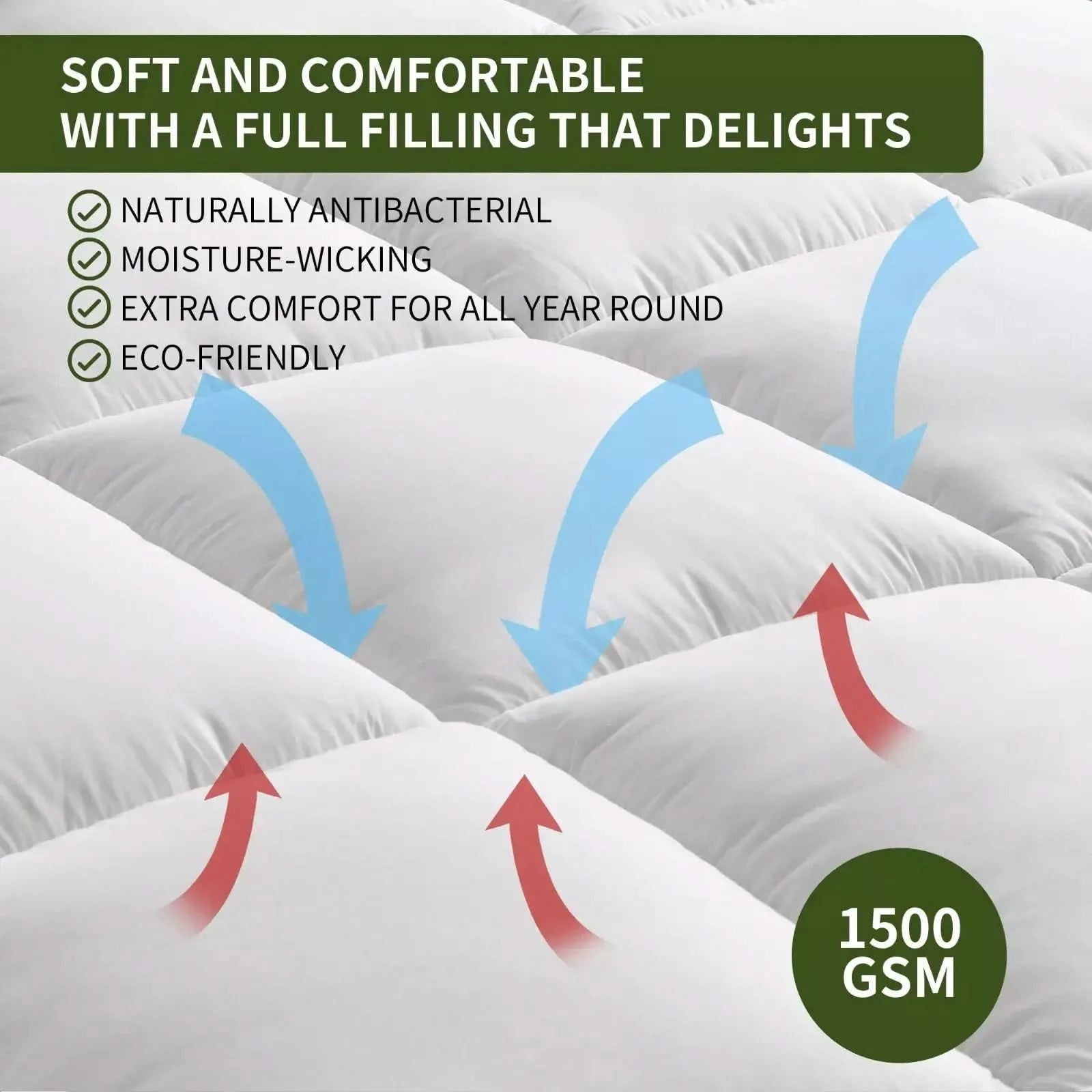 Close-up of a white quilted mattress topper with airflow arrows indicating breathability and temperature regulation, along with overlay text highlighting its cooling and moisture-wicking properties.