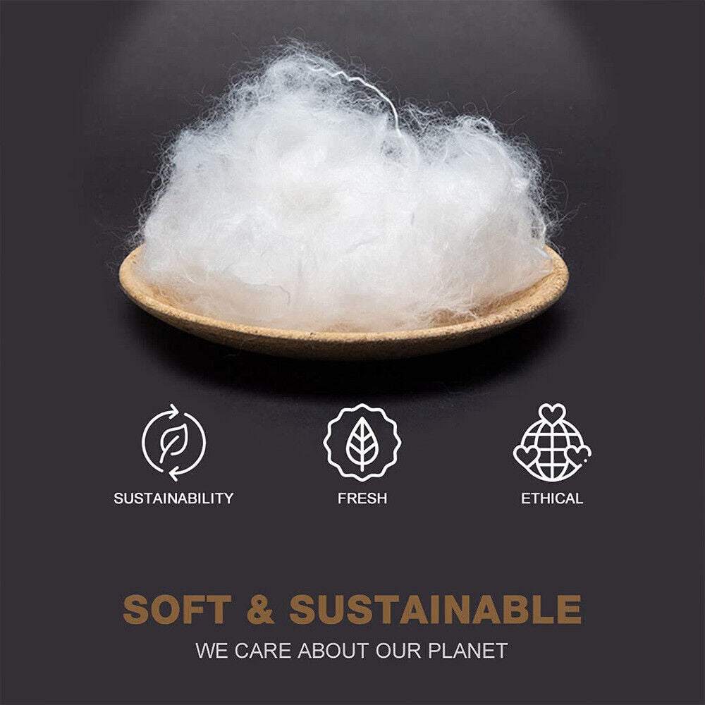 Bowl of soft and sustainable filling with sustainability, freshness, and ethical icons promoting eco-friendly values