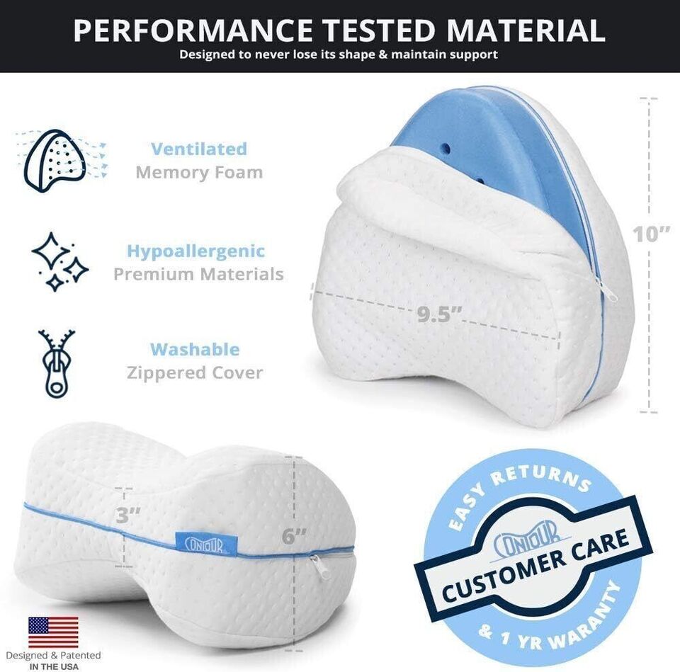 Contour memory foam pillow with ventilated, hypoallergenic materials, washable zippered cover, and easy returns with a 1-year warranty.