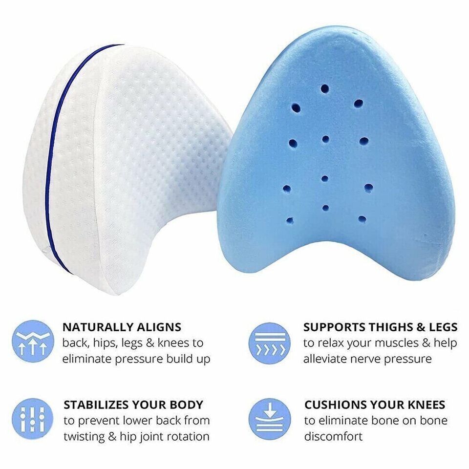 Orthopedic knee pillow with benefits for back, hips, legs, and knees, supporting thighs, legs, body stability, and knee cushioning.