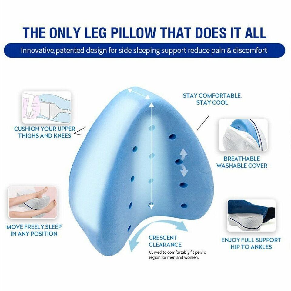 Orthopedic leg pillow with breathable cover for side sleeping support, reducing pain and discomfort. Innovative, patented design.