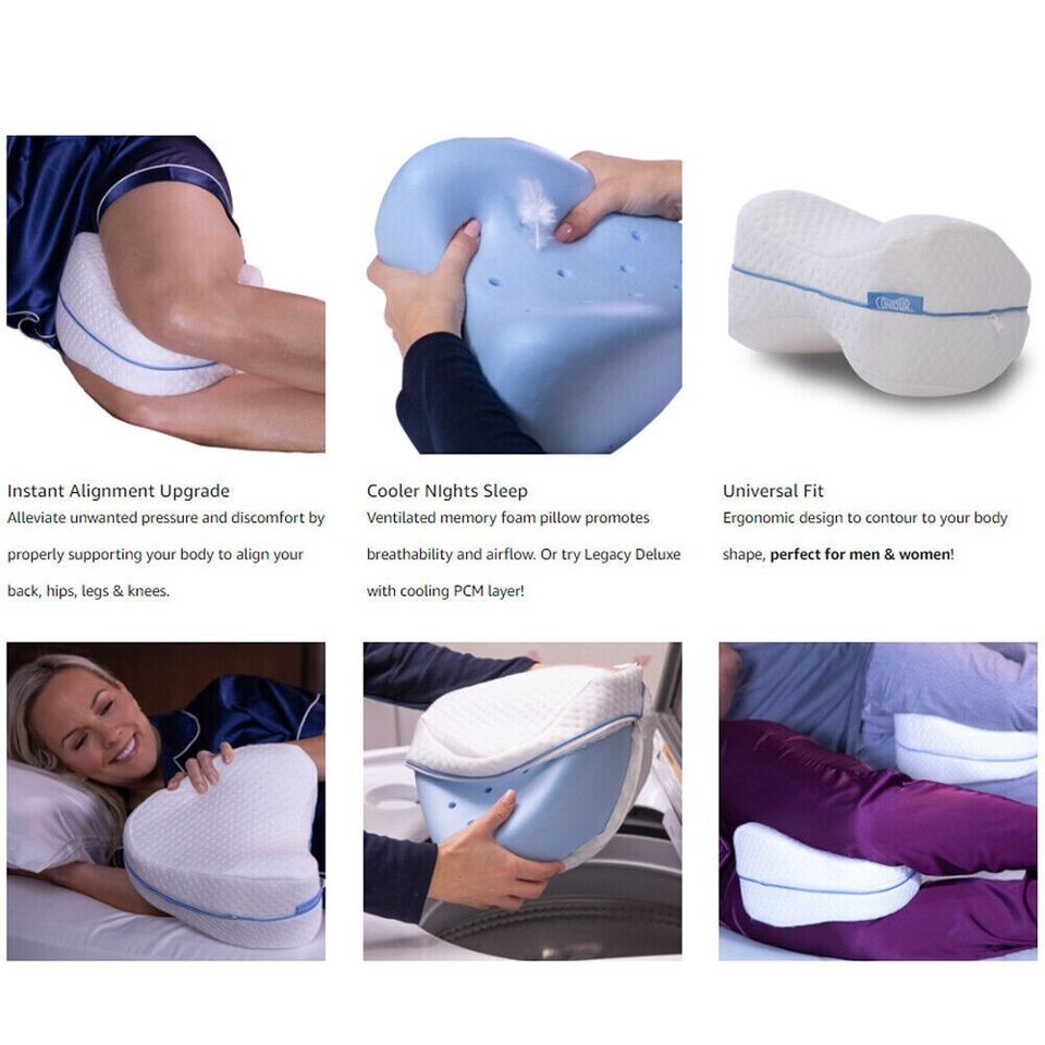 Memory foam knee pillow promoting alignment, breathability, and comfort with universal fit for men and women, perfect for cooler nights.