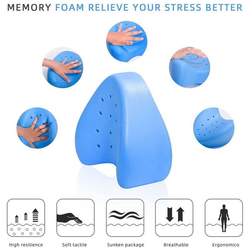 Blue ergonomic memory foam support cushion with high resilience, soft tactile feel, sunken package design, and breathable material.